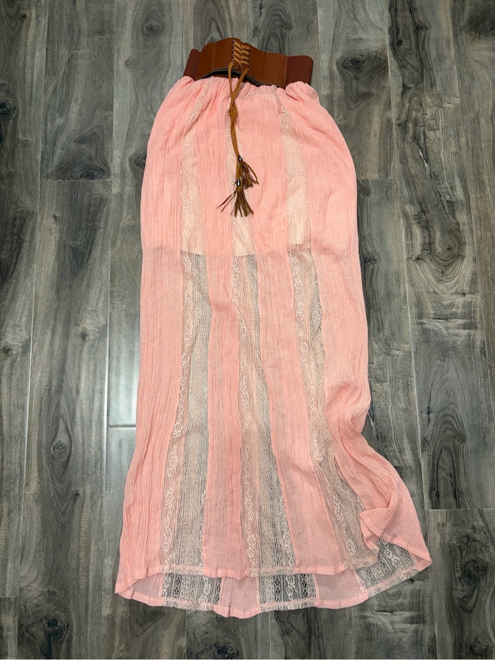 Another Story Pink Lace-Panel Maxi Skirt with Waist Belt